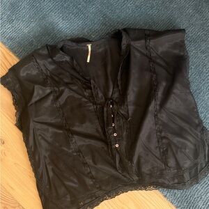 Free People Black Satin Lace-Trim Tie Front Blouse